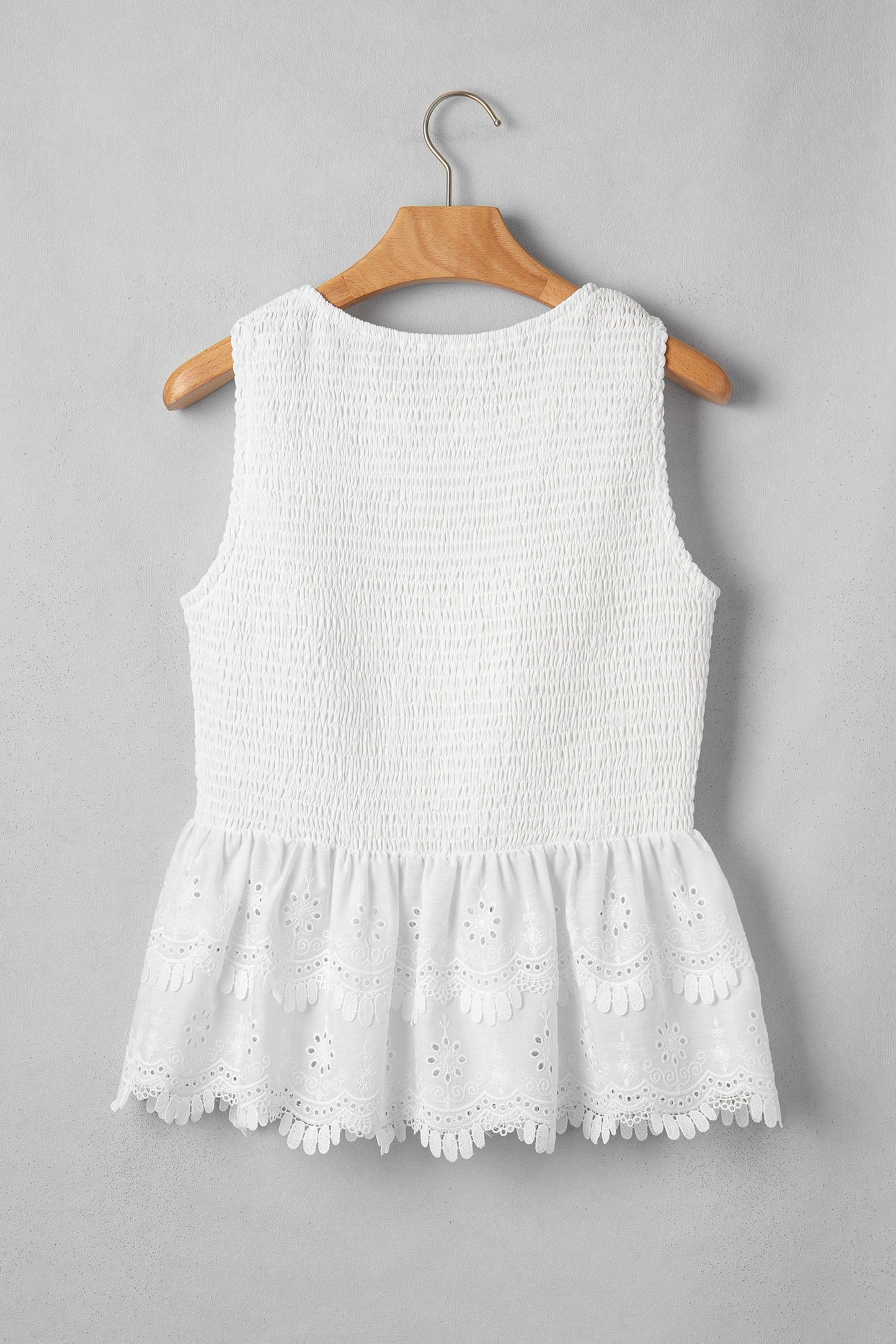 White Sleeveless Smocked Lace Peplum Top