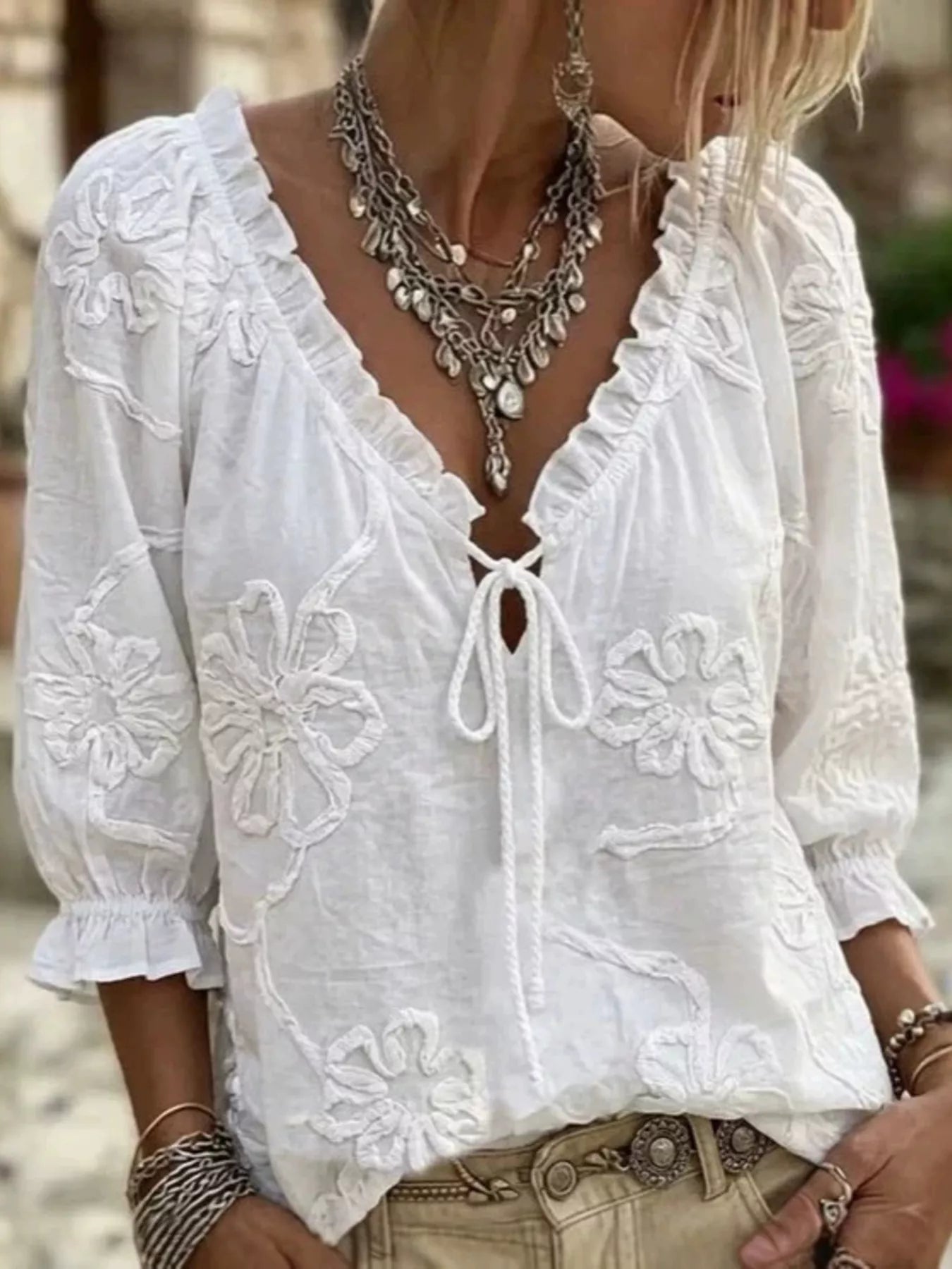 Plus Size Floral Tie Front 3/4 Sleeve Blouse