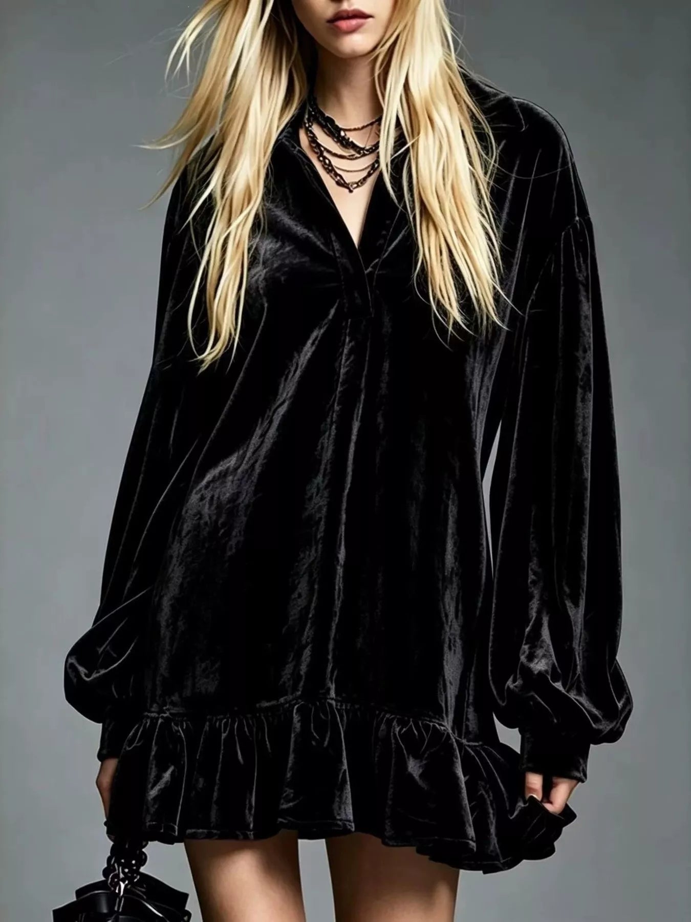 Full Size Velvet Ruffled Hem Long Sleeve Dress Plus Size