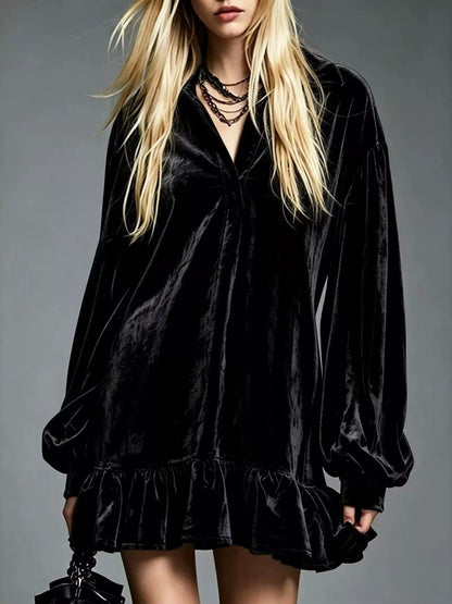 Full Size Velvet Ruffled Hem Long Sleeve Dress Plus Size