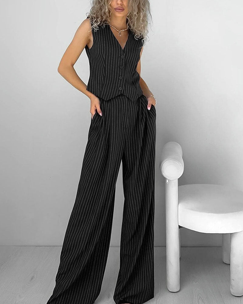 Retro V-neck striped two-piece set