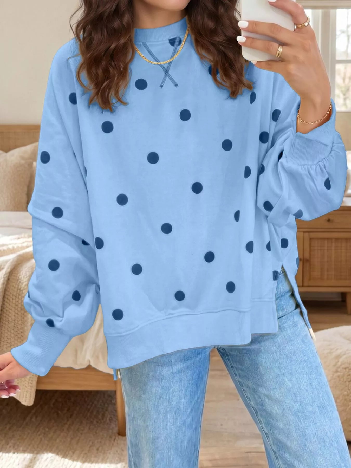 Side Slit Polka Dot Oversized Sweatshirt