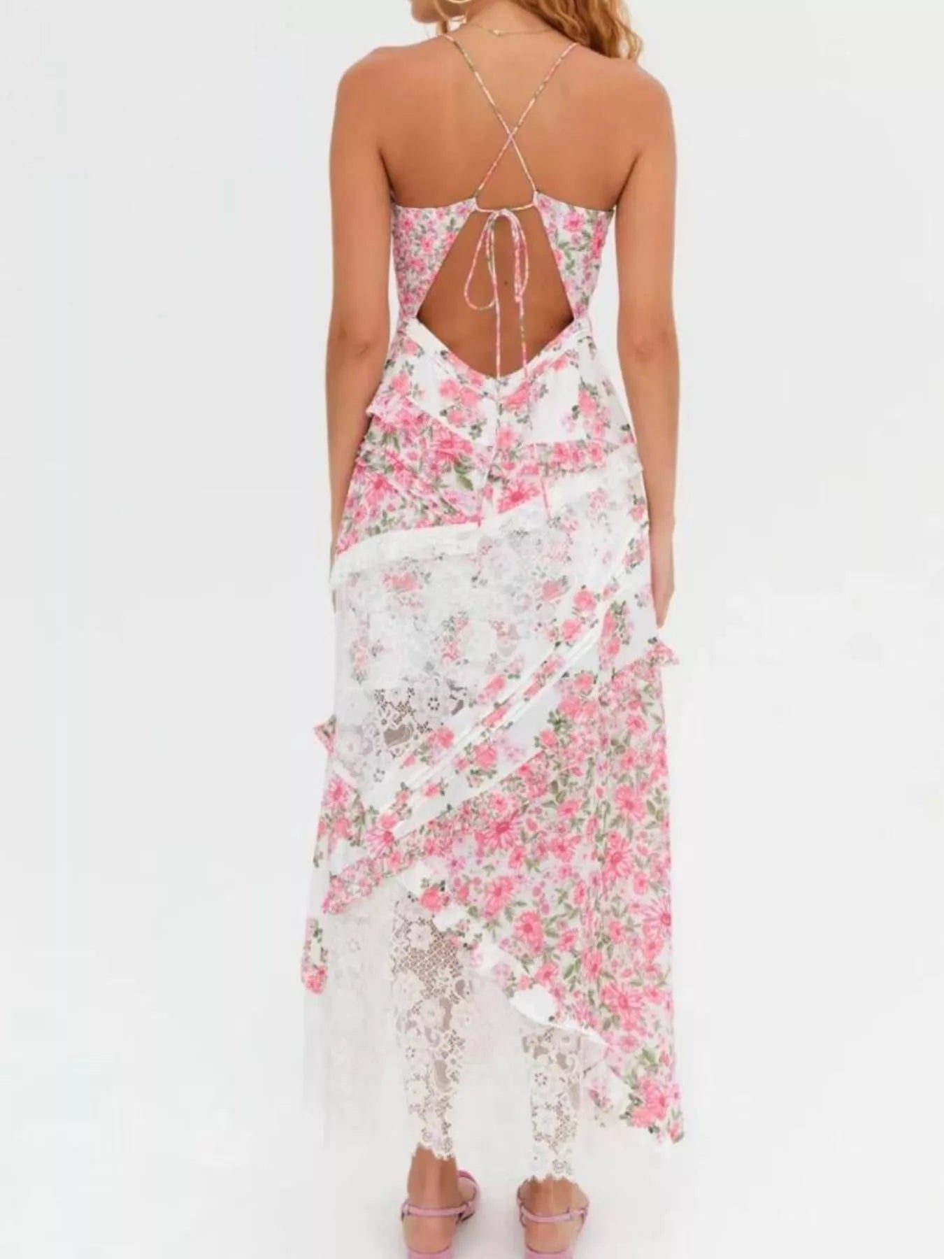 Lace Detail Ruffled Floral V-Neck Maxi Dress