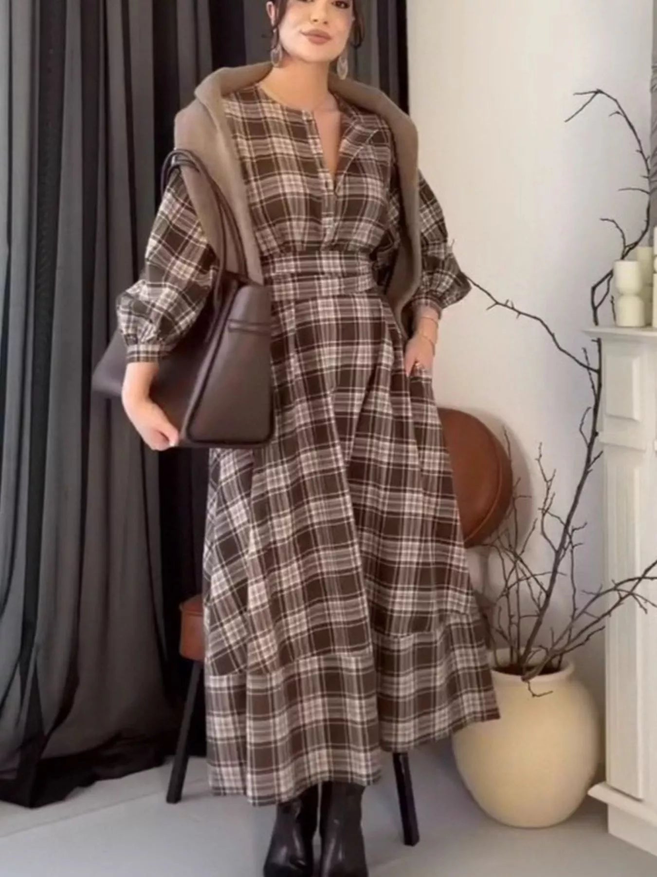 Vintage Plaid Puff Sleeve Midi Dress