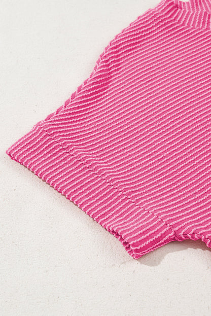 Bright Pink Plain Corded Knit Mock Neck T Shirt