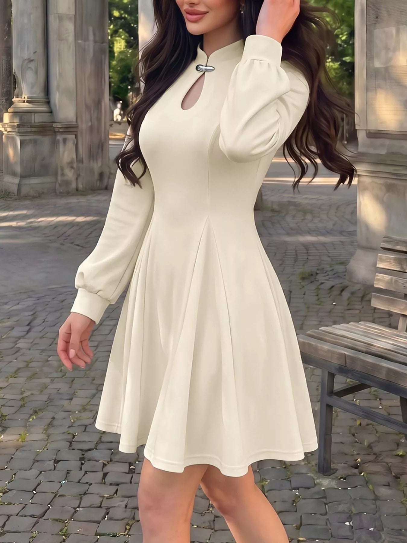 Keyhole Neckline Long Sleeve A-Line Mini Dress