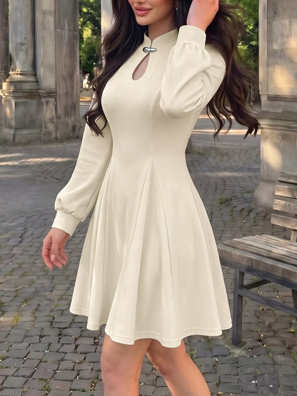 Keyhole Neckline Long Sleeve A-Line Mini Dress