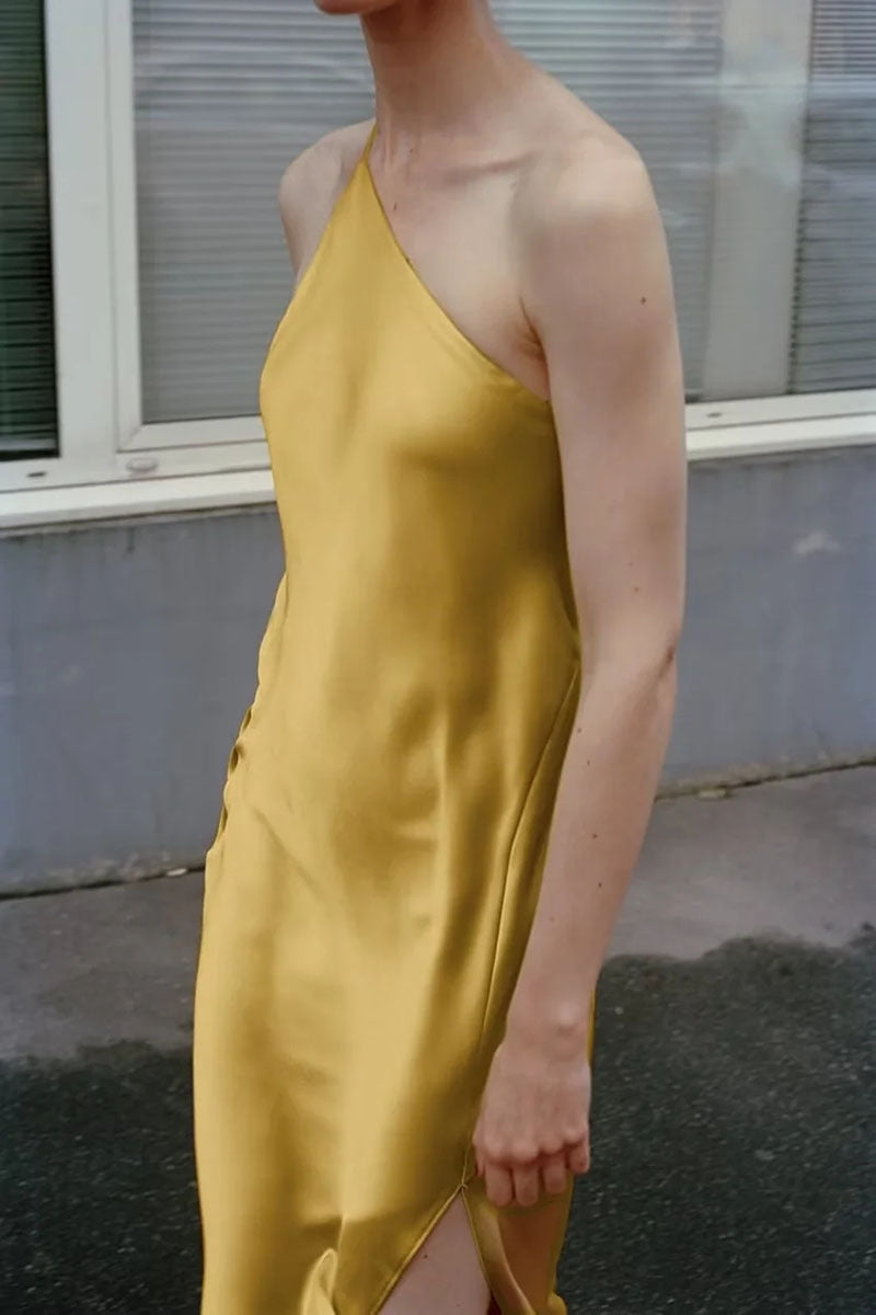 Asymmetrical Yellow Satin Slim-fit Dress