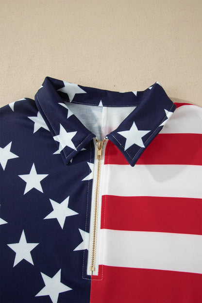 Multicolour Stars Stripes American Flag Zipped Collar Oversized Sweatshirt