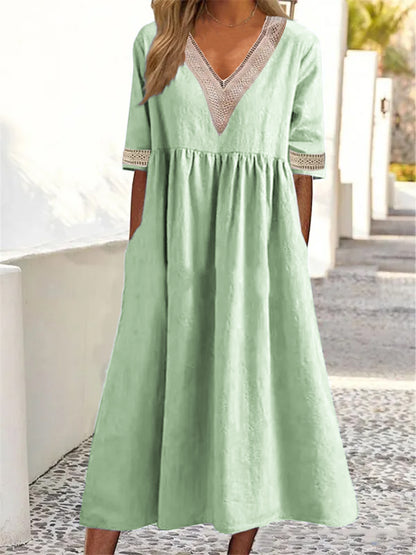 Solid Color Short-sleeved with Lace V-neck Tucked Dress