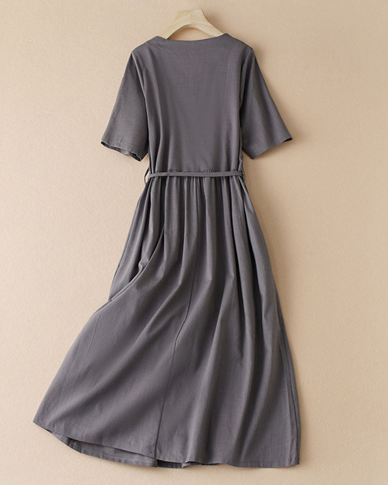 Cotton Linen Round Neck Casual Dress