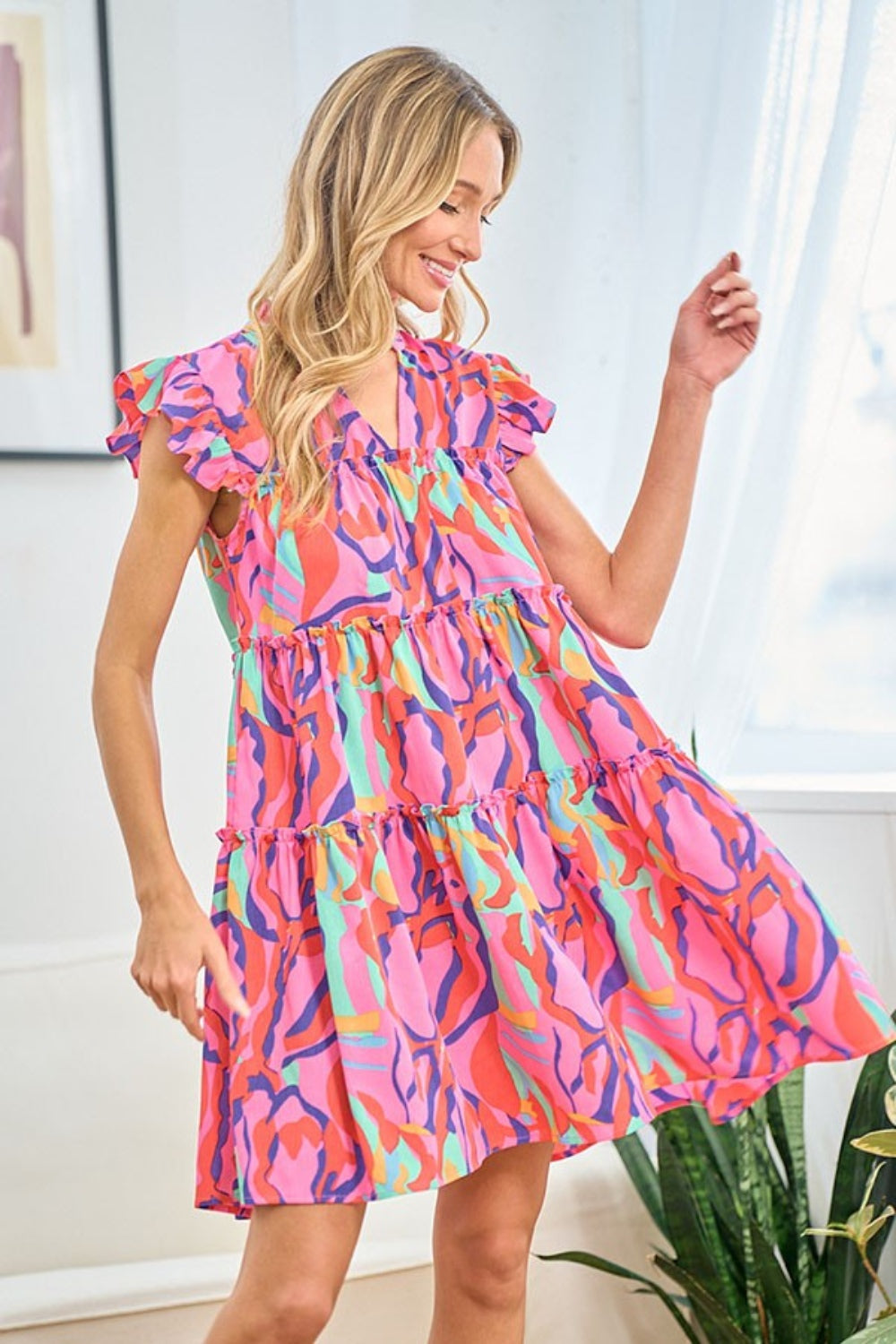 Blue Zone Planet | First Love Full Size Printed Ruffle Cap Sleeve Tiered Dress