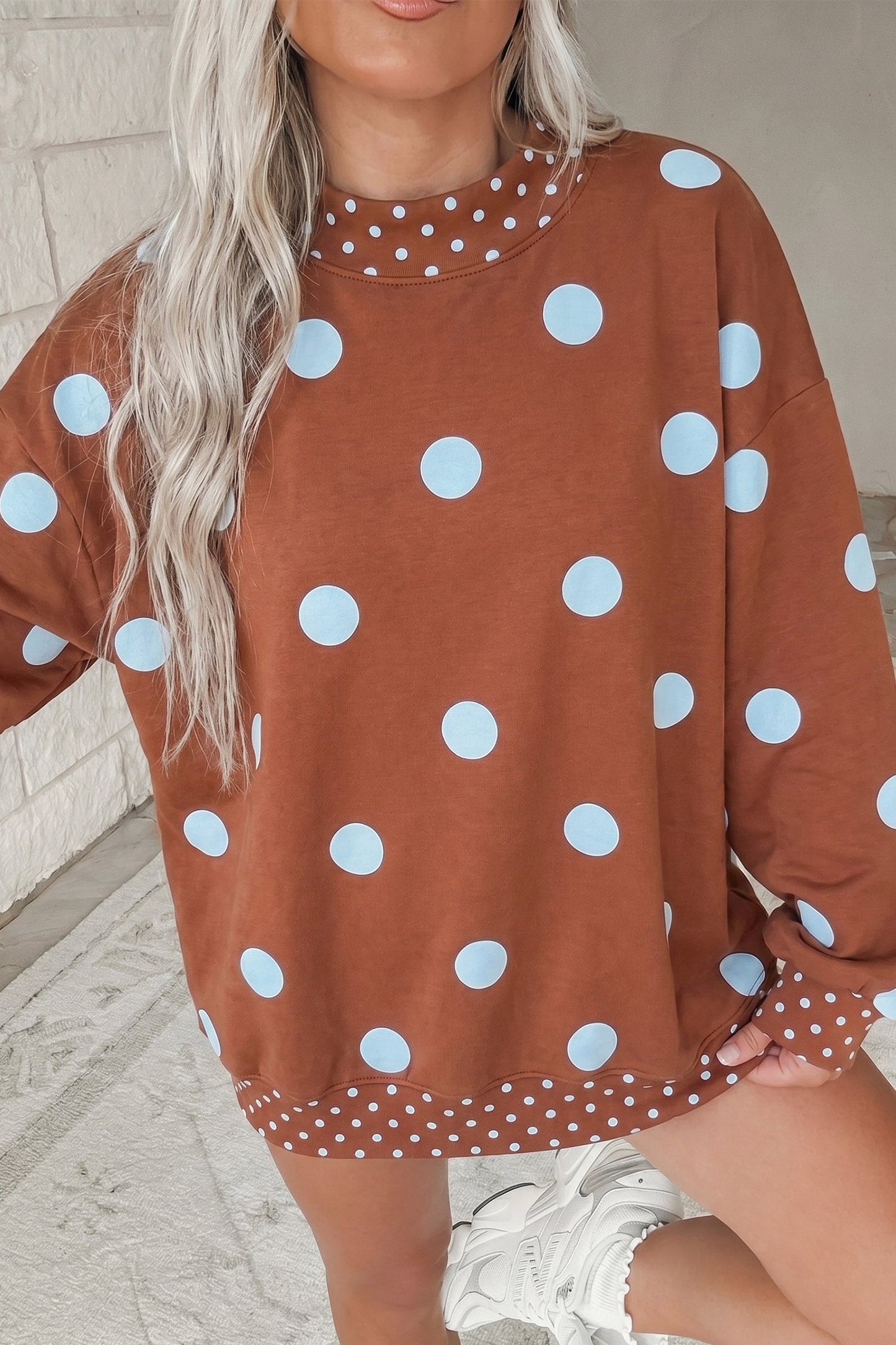 Pink Polka Dot Print Contrast Detail Oversized Tunic Sweatshirt