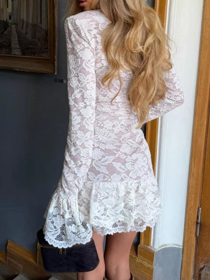 Lace Long-Sleeve Ruched Mini Dress