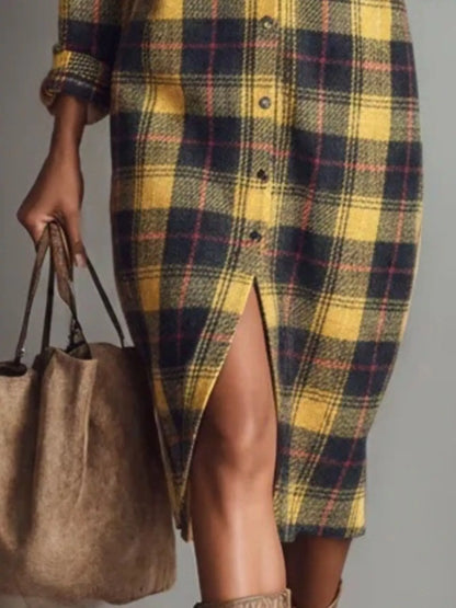 Plaid Shirt Dress with Side Slit