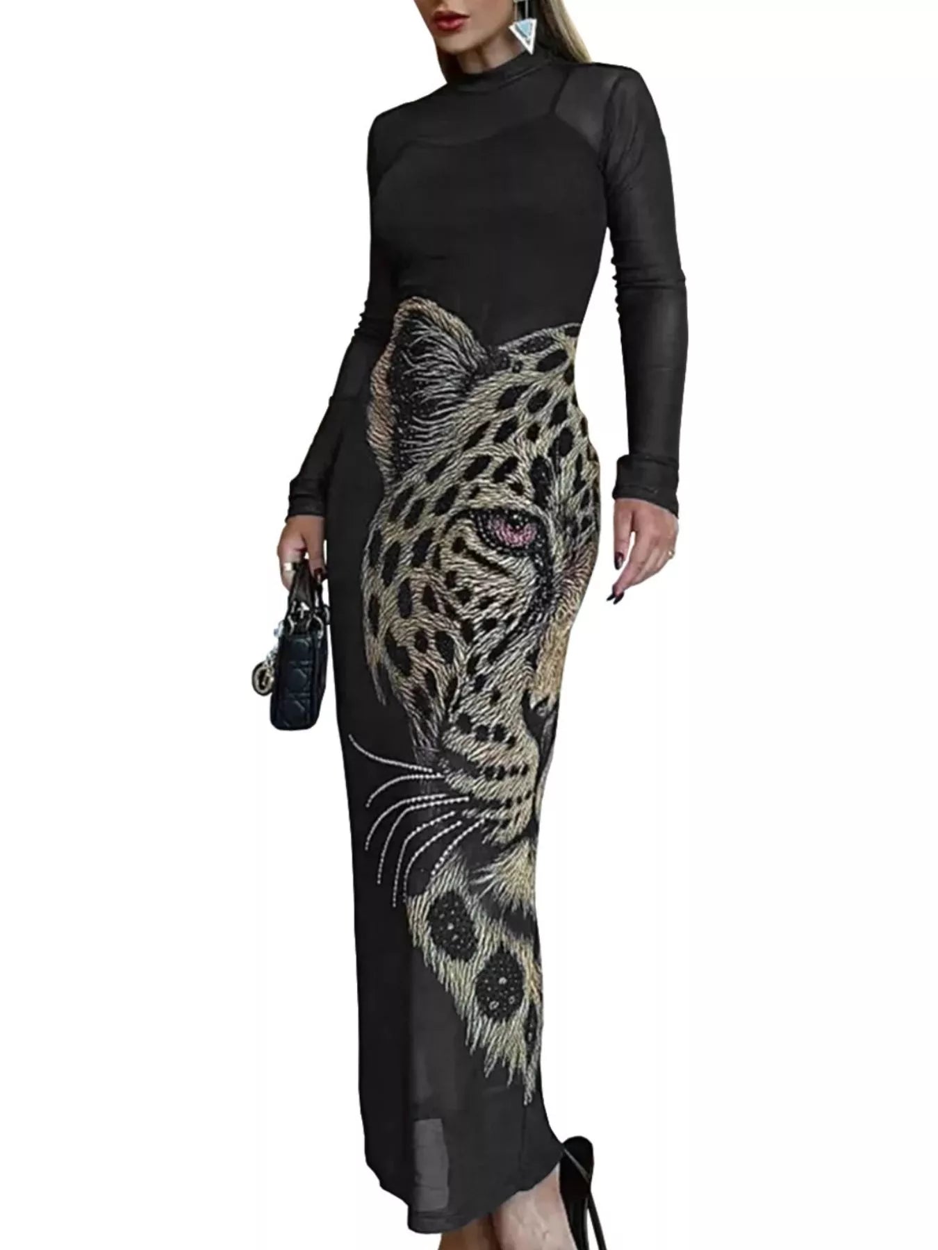 Leopard Print Mesh Long Sleeve Maxi Dress