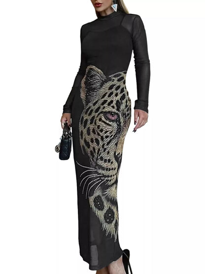 Leopard Print Mesh Long Sleeve Maxi Dress