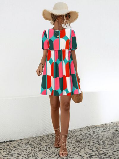 Blue Zone Planet | Geometric Frill Round Neck Short Sleeve Dress