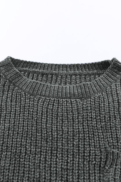 Blue Zone Planet | Distressed Round Neck Drop Shoulder Sweater
