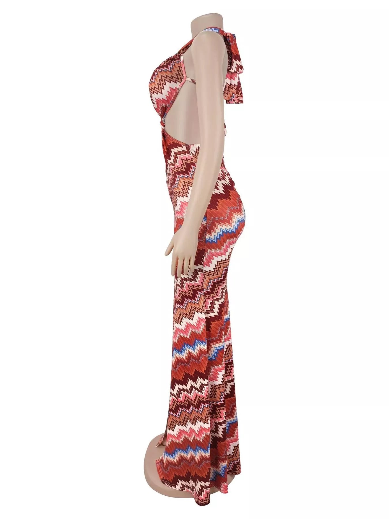 Chevron Print Halter Neck Cut-Out Maxi Dress