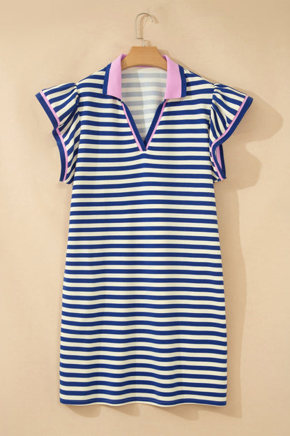 Dark Blue Striped Shift Dress Colorblock V Neck Short Sleeve Casual Summer