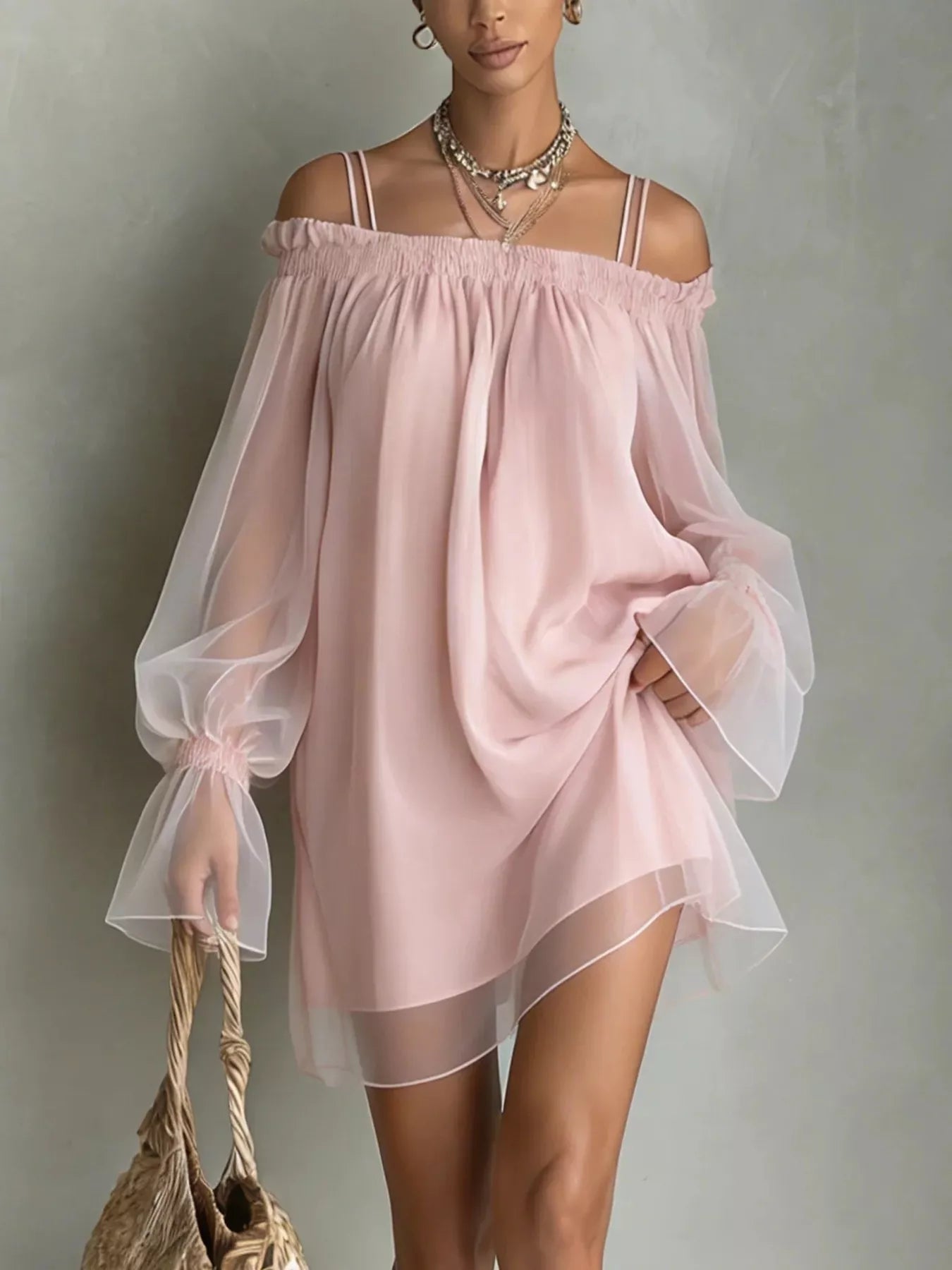 Off-Shoulder Sheer Sleeve Mini Dress