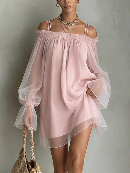 Off-Shoulder Sheer Sleeve Mini Dress