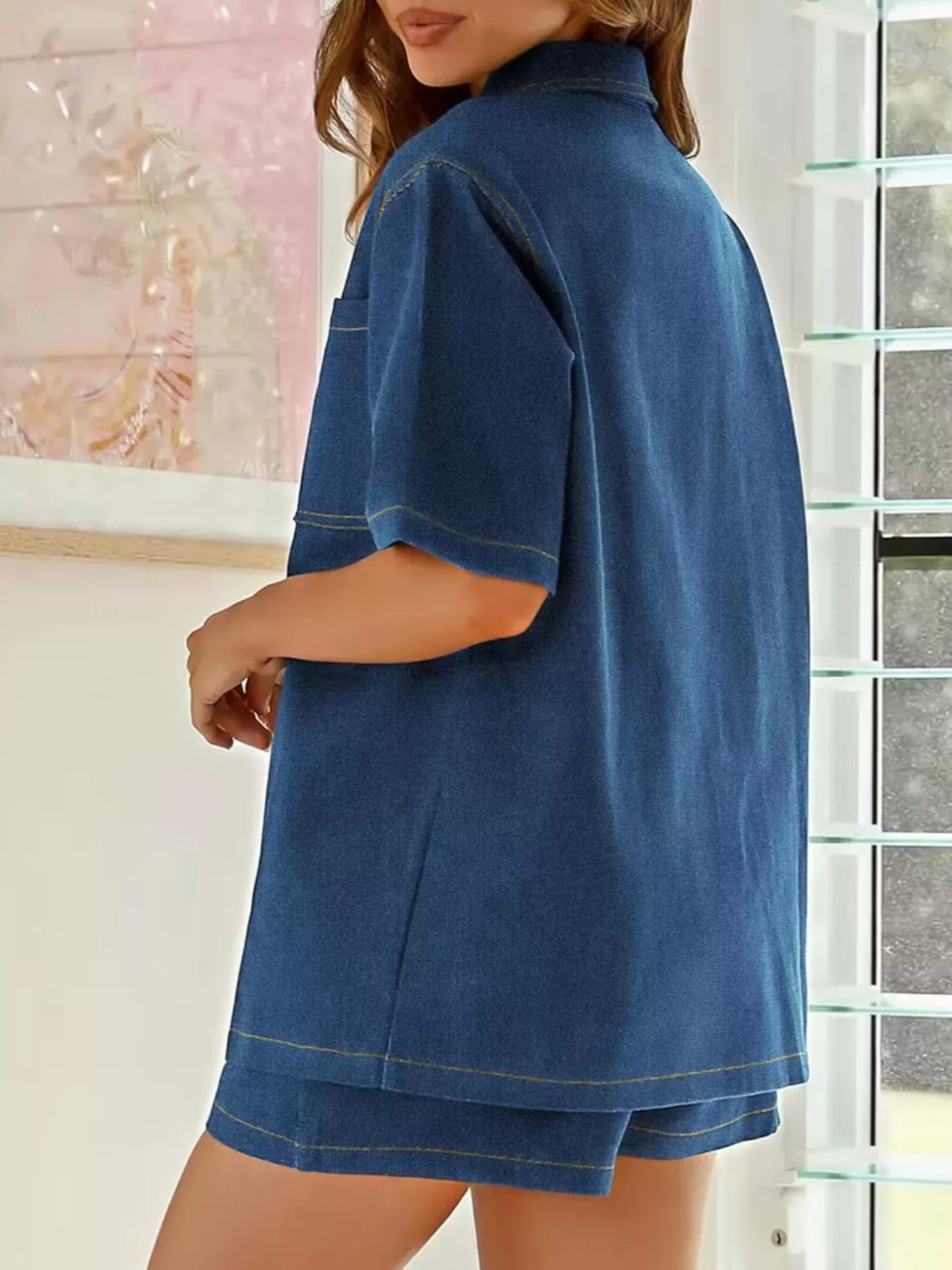 Button Up Denim Shirt and Shorts Set
