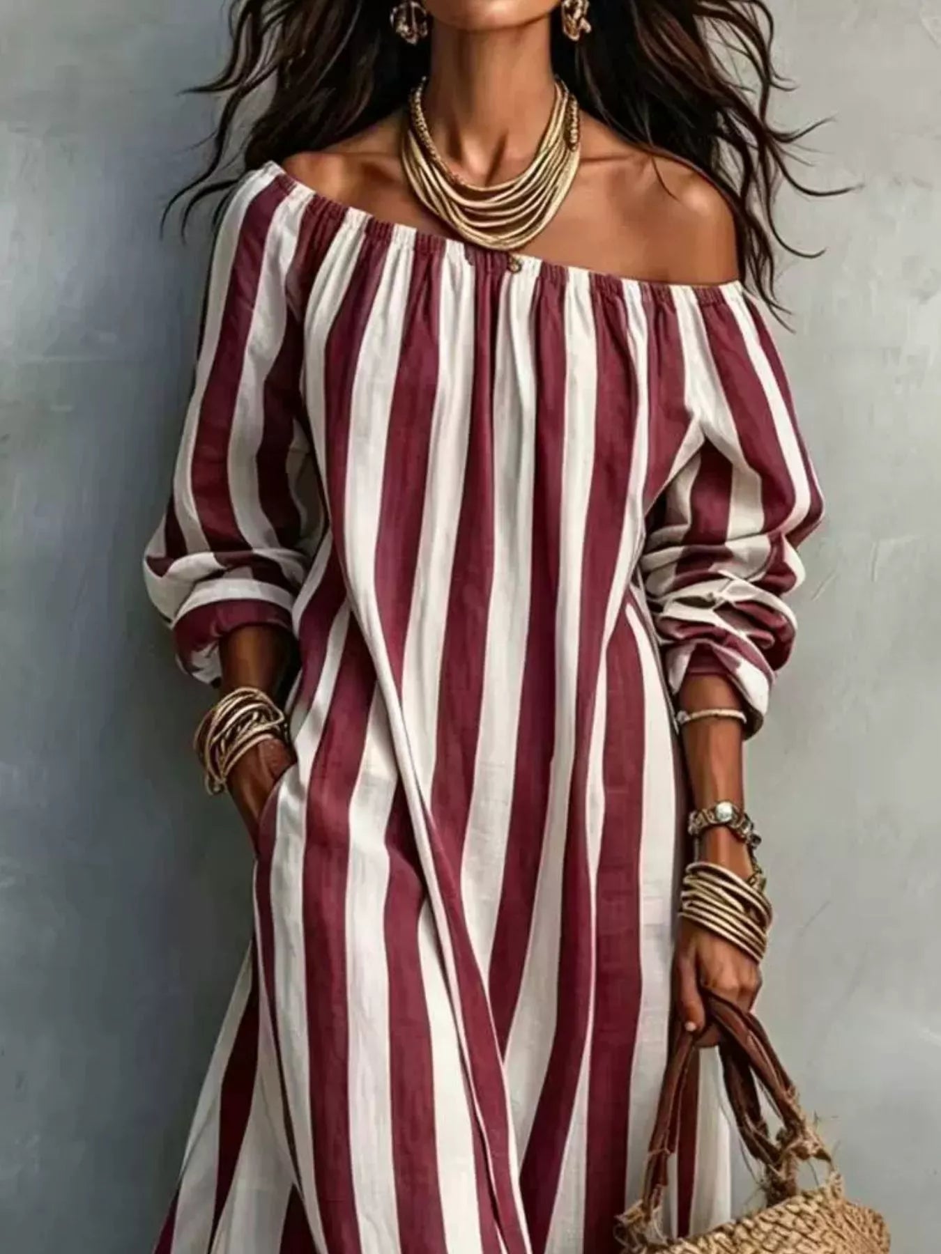 Off-Shoulder Striped Dress with Pockets