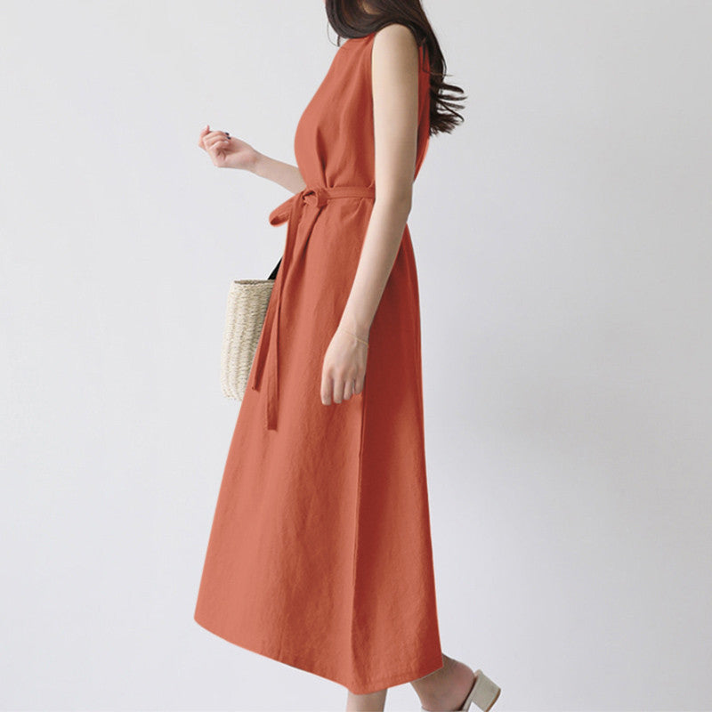 Casual Sleeveless Belted Cotton Dress