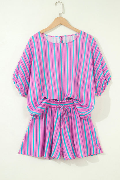 Pink Stripe Dolman Short Sleeve Blouse Drawstring Elastic Waist Loose Short Set