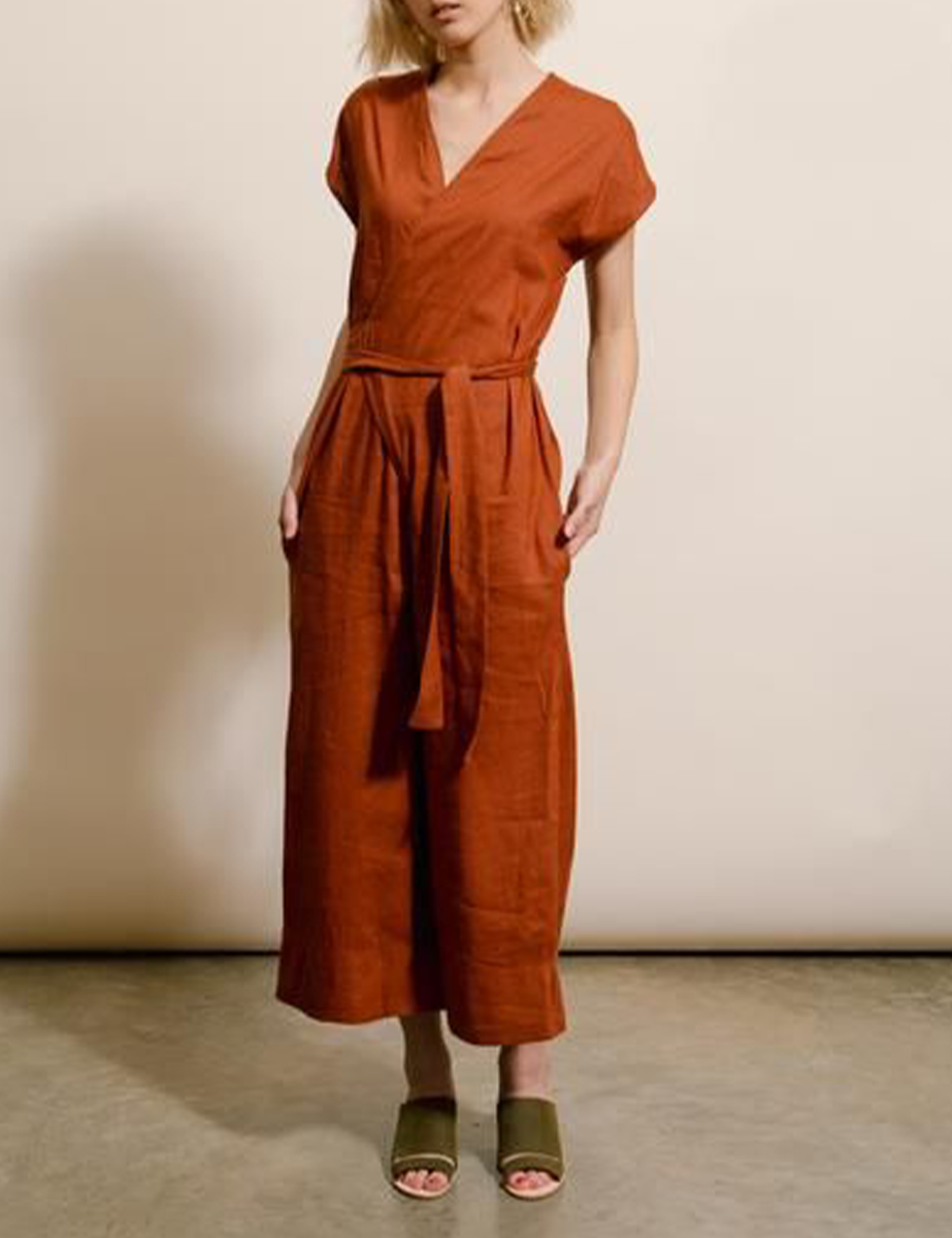 Vintage Wide Leg Linen Wrap Jumpsuit