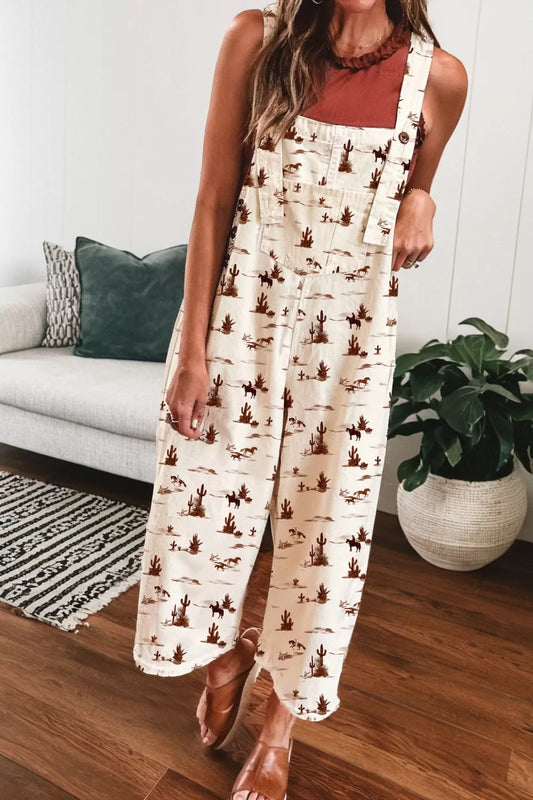 Western Printed Button Adjustable Straps Loose Jumpsuit
