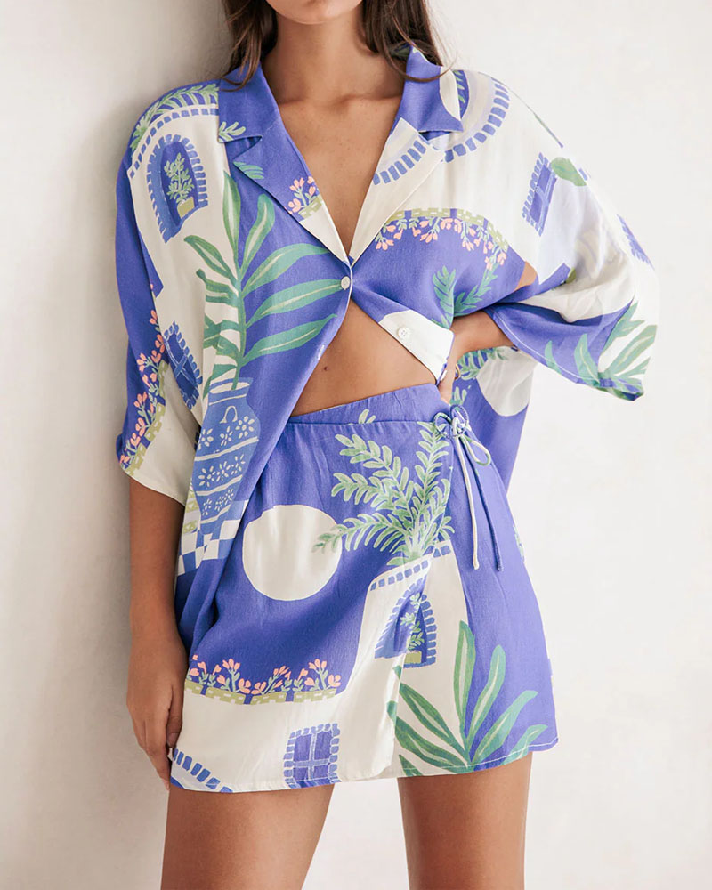 Fashion Holiday Print Shirt & Skirt Two-Piece Set