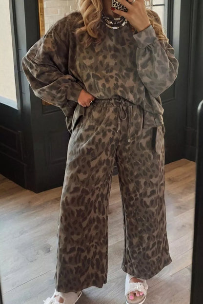 Leopard Print Long Sleeve Top and Pants Set