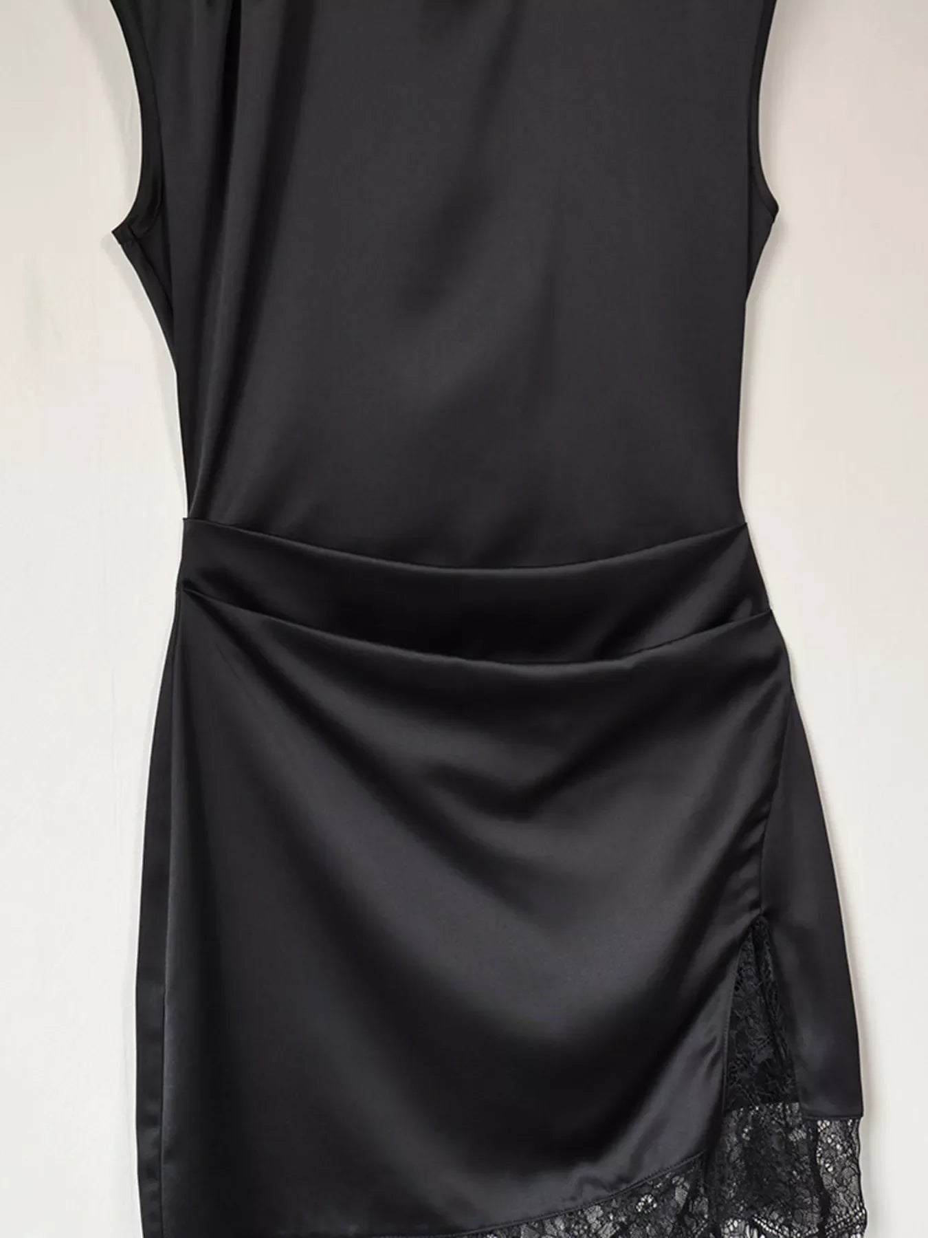 Satin Mock Neck Sleeveless Mini Dress with Lace Hem