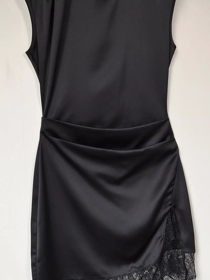 Satin Mock Neck Sleeveless Mini Dress with Lace Hem