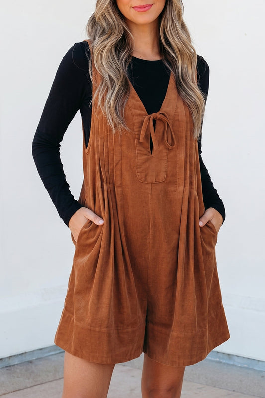 Cinnamon Solid Color Tie V Neck Sleeveless Corduroy Romper