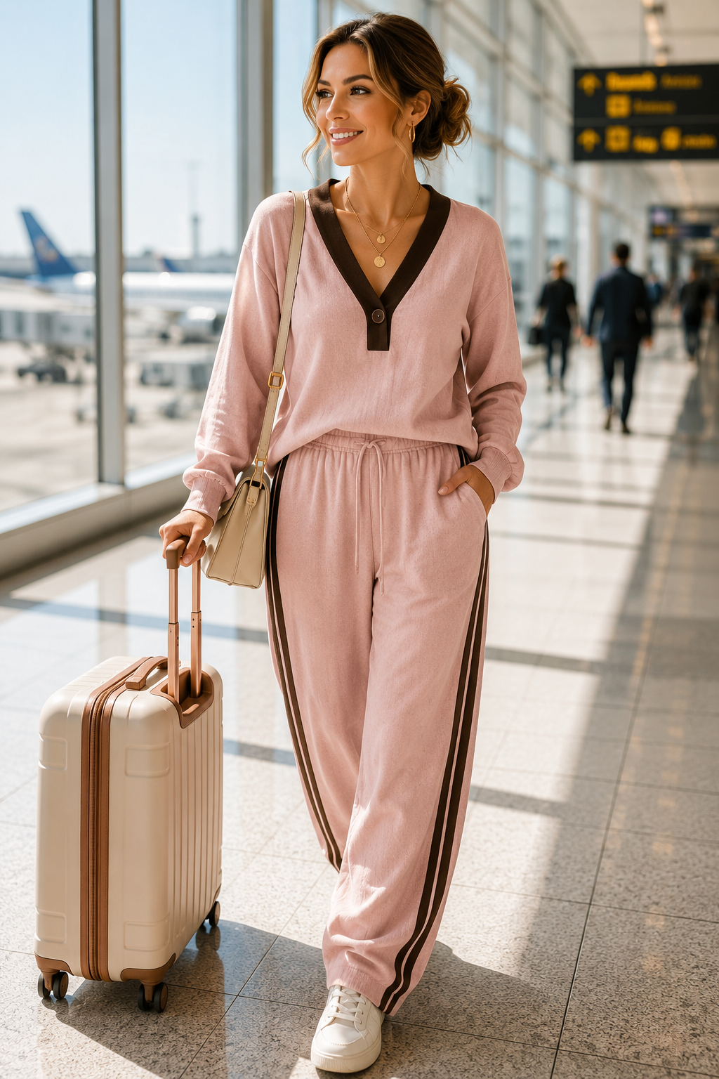 Contrast V-Neck Top and Striped Pants Set | Diva USA