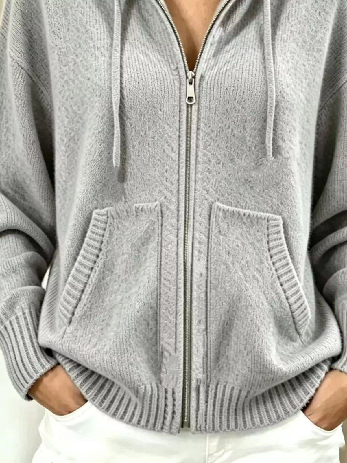 Zip-Up Hooded Knit Cardigan