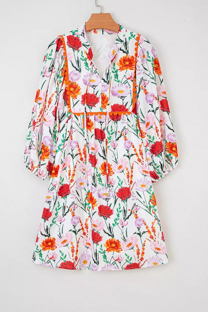 Floral Print 3/4 Puff Sleeve Ricrac Trim Mini Dress