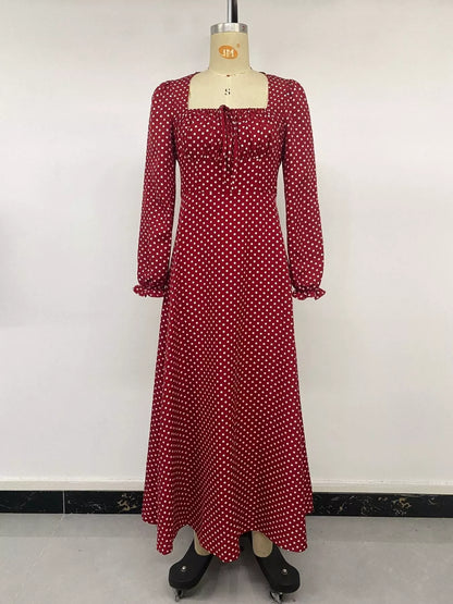 Square Neck Polka Dot Long Sleeve Maxi Dress
