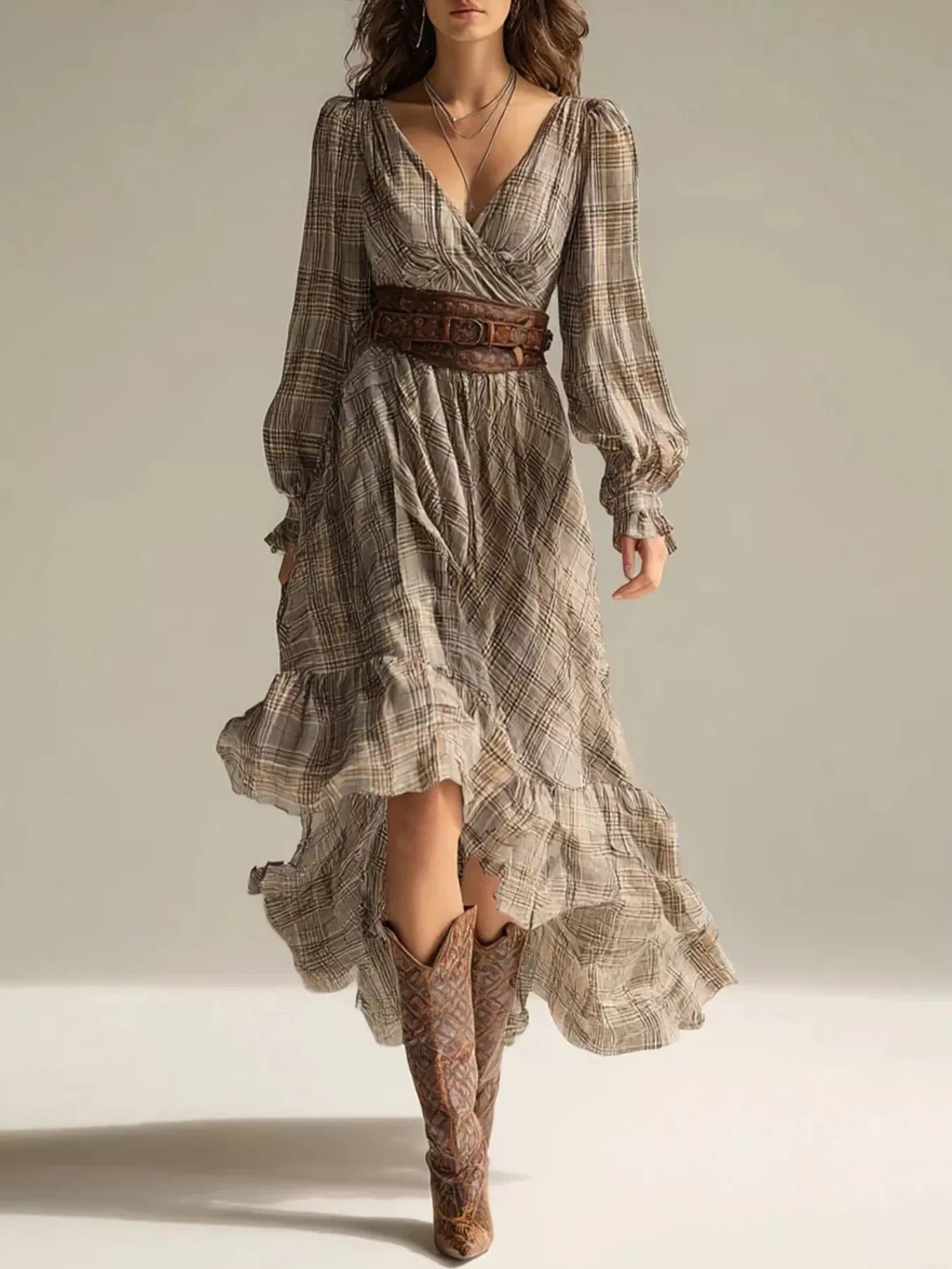 Plaid High-Low Long Sleeve Dress