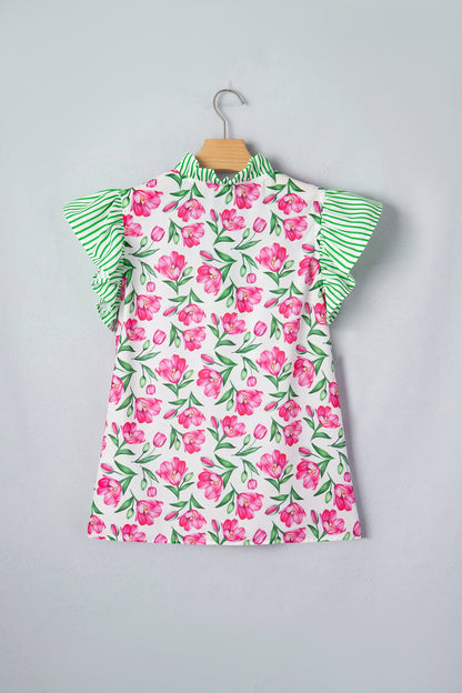 Multicolour Sweet Floral Print Striped Ruffle Trim V Neck Blouse