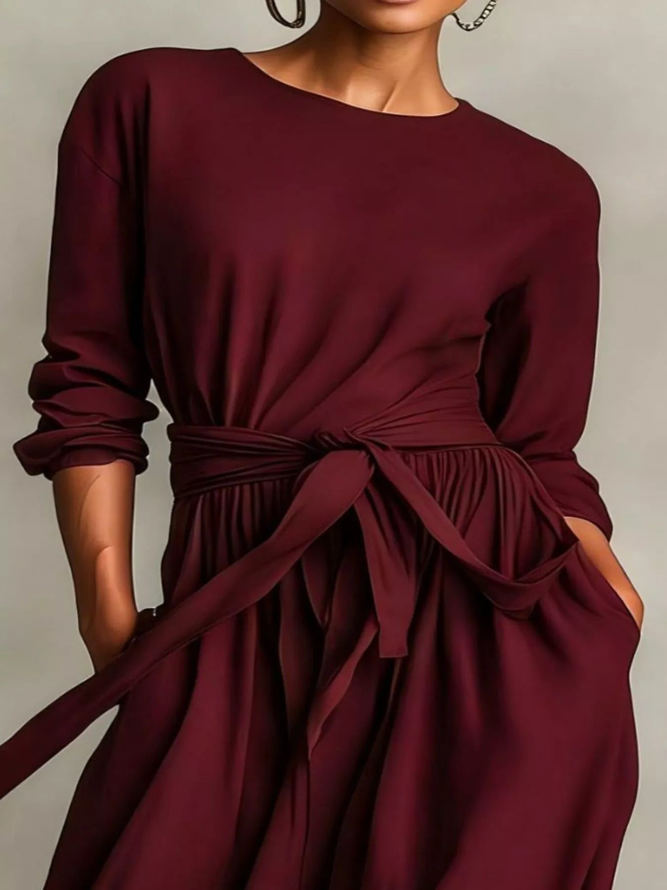 Full Size Long Sleeve Tie Waist Maxi Dress Plus Size