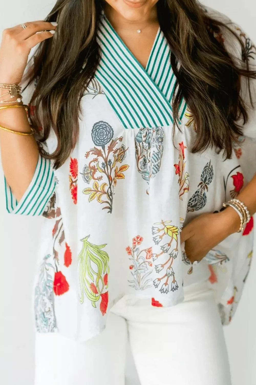 Floral Print Striped Contrast Trim V Neck Half Sleeve Blouse
