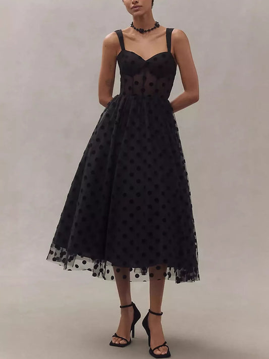 Polka Dot Tulle Sleeveless Midi Dress