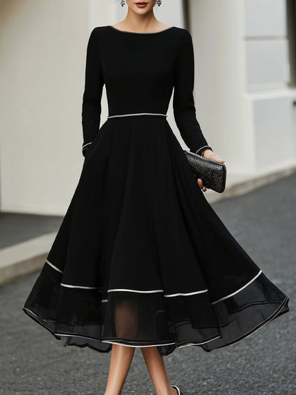 Long Sleeve Contrast Trim Midi Dress With Flared Skirt