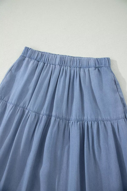 Elastic Waist Ruffled Tiered Flared Denim Maxi Skirt