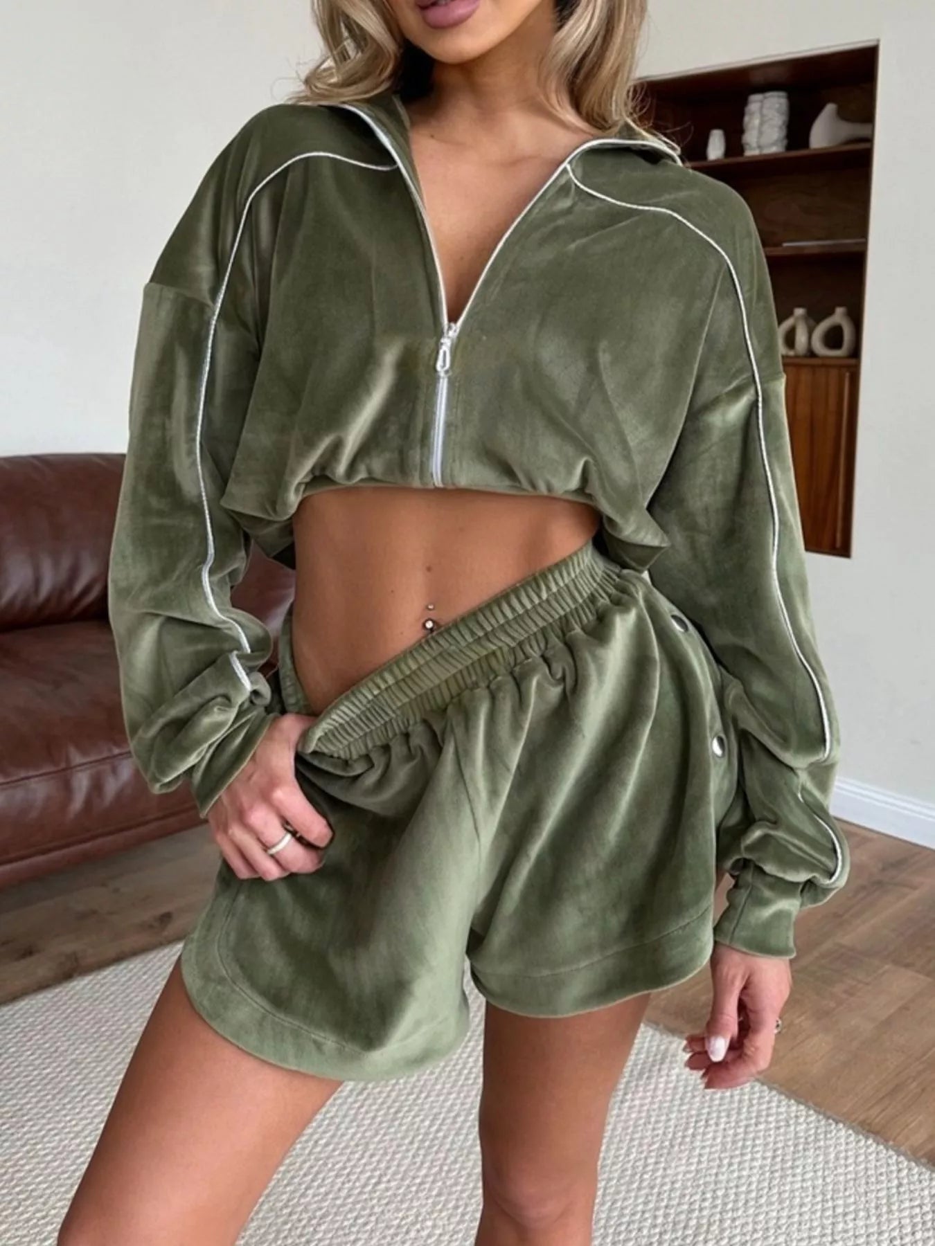 Zip-Up Outerwear and Shorts Set